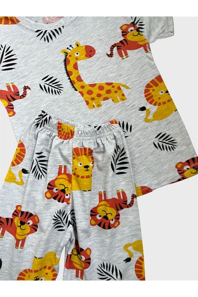 ALİŞ KİDS Boys' Cotton Gray Lion Patterned Short Sleeve Shorts Summer Pajama Set