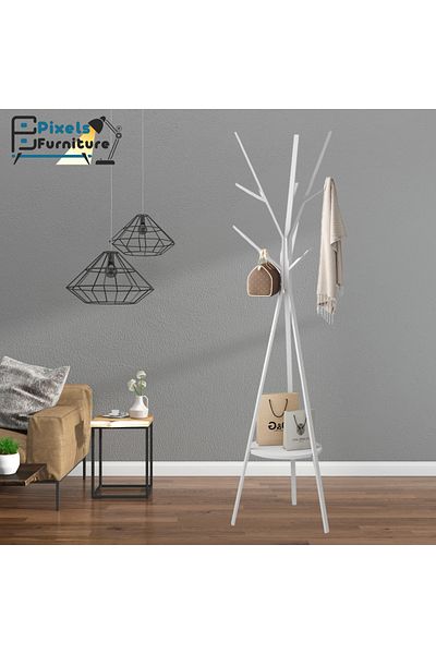 PixelsFurniture Metal Tree Clothes Hanger with Wooden Shelf with 9 Hooks for Hanging Clothes and Scarves by Pixel Furniture
