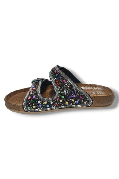 SLC 6123-25 Çift Bant Boncuklu Taşlı Kadın Terlik