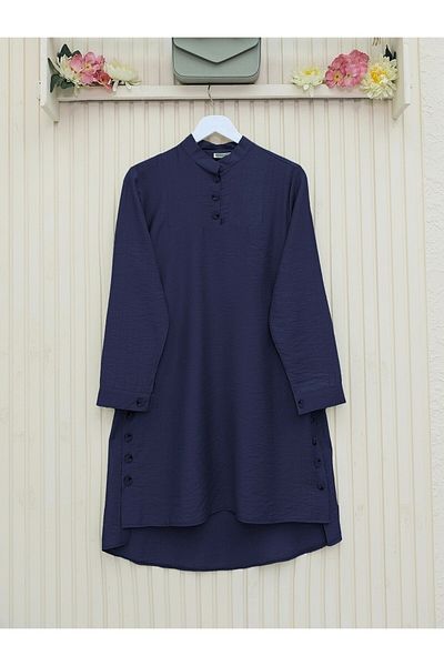 Modamorfo Judge Collar Tunic with Button Detail on the Sides - Navy Blue