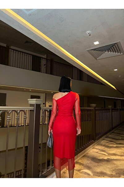 Modafeminen Omzu Açık Tasarım Tül Elbise Düğün Nişan Mezuniyet Elbisesi- kırmızı 583124