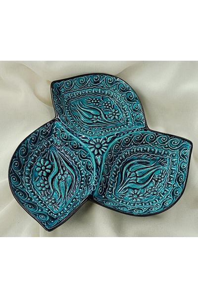Hd Marketim Tile Snack Bowl Presentation Bowl Plate Breakfast Plate 3 Piece Leaf Ceramic Turquoise
