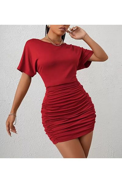 MAROVOAY Mini T-Shirt Dress with Skirt Gathered