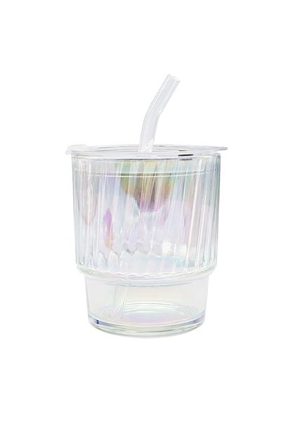 PUFO Cană de călătorie din sticlă Rainbow Line pentru cafea sau ceai, 350 ml, transparentă