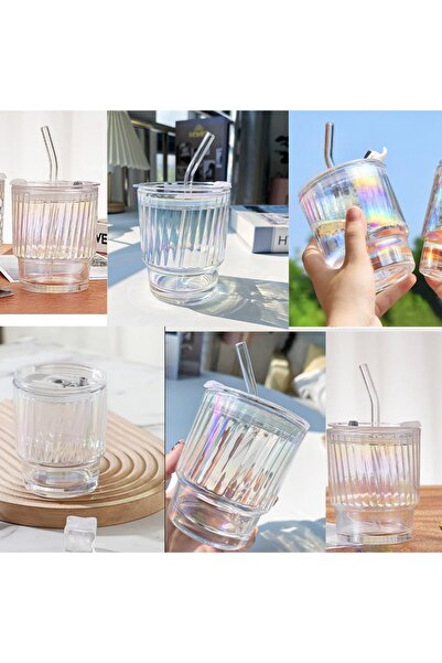 PUFO Rainbow Line glass travel mug for coffee or tea, 350 ml, transparent