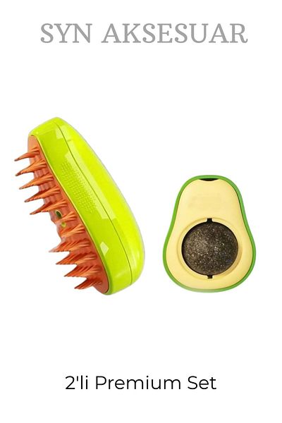 SYN AKSESUAR 2-Piece Cat & Dog Washing Brush Comb, Adhesive Avocado Cat Grass Ball Toy