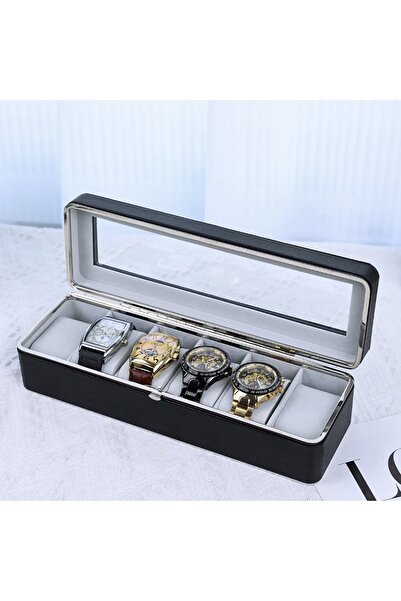 PUFO Elegant Gentleman box for storage and organization with compartments for 6 watches, black