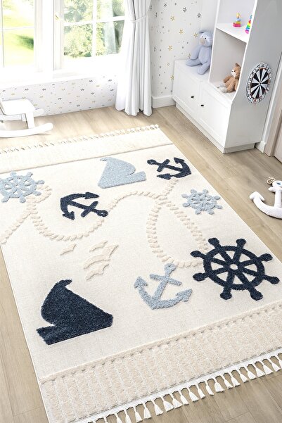 Eliz Home Yumuşak Renkli Bukleli Denizcilik Figürlü Dokuma Halı Bebek Odası Ç...