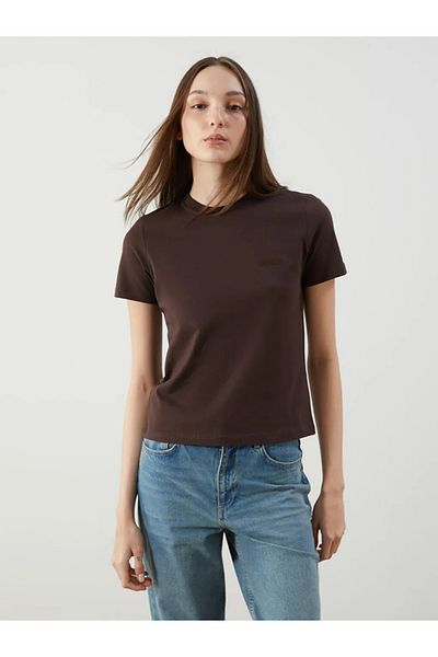LC Waikiki Lcw Vision Brown Crew Neck Embroidered Women's T-Shirt