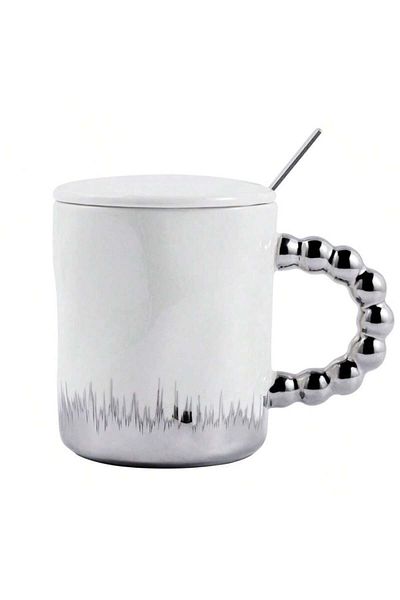 PUFO Cană ceramică Opulence cu capac și linguriță pentru cafea sau ceai, 250 ml, alb/argintiu