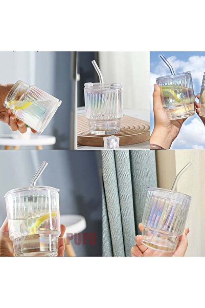PUFO Rainbow Line glass travel mug for coffee or tea, 350 ml, transparent