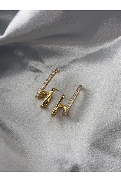 LUNARJA Double Parallel Design Zircon Stone Detailed Steel Earrings