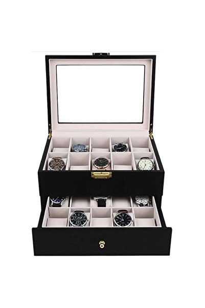 PUFO Wooden box for storing and organizing 20 watches, Pufo Premium model, tiered with drawer, black