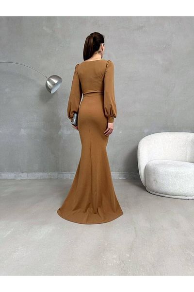 Modafeminen Φόρεμα από ύφασμα κρεπ με μανίκια μπαλόνι μοντέλο Maxi Boy Imported 582744 Camel