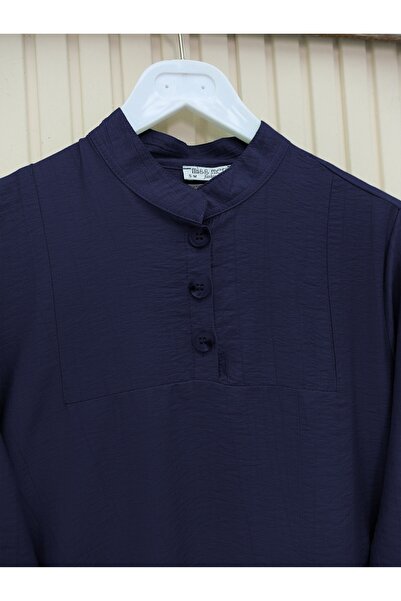 Modamorfo Judge Collar Tunic with Button Detail on the Sides - Navy Blue