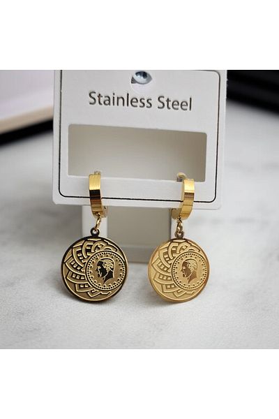 Meyra Accessories Women's Steel Earrings Tarnish-Free Stainless Gold Patterned Inlaid Gold Earrings Luxury a Quality