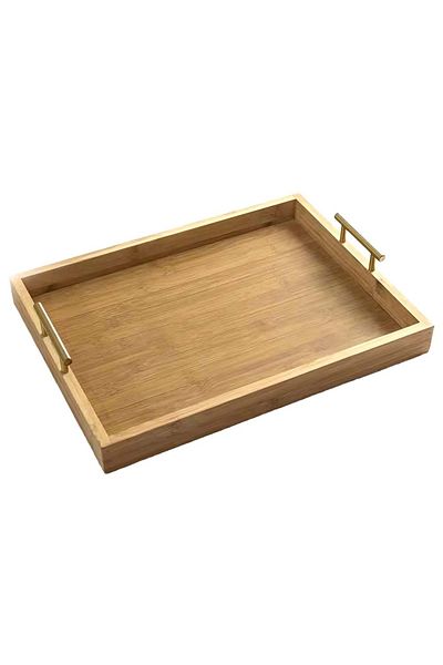 PUFO Tavă elegantă de servire din lemn de bambus cu mânere metalice, 38 x 26 cm