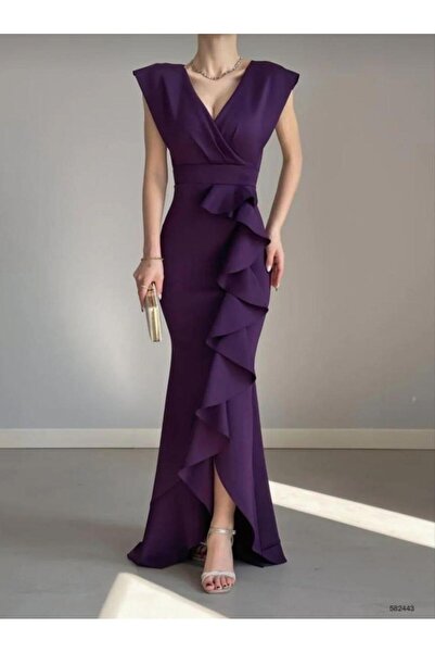 Modafeminen Kruvaze Yaka Volanlı Nikah Düğün Ve Mezuniyet Elbisesi 582663-MOR