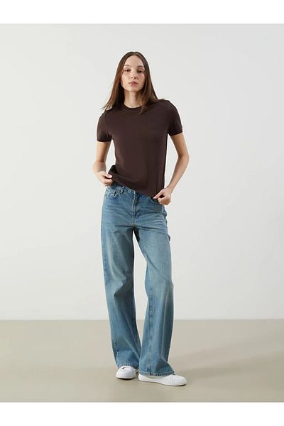 LC Waikiki Lcw Vision Brown Crew Neck Embroidered Women's T-Shirt