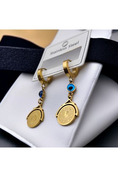 Meyra Accessories Women's Steel Earrings Tarnish-Free Stainless Gold Patterned Evil Eye Beaded Gold Earrings Luxury a Quality