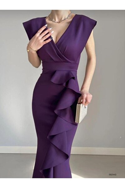 Modafeminen Kruvaze Yaka Volanlı Nikah Düğün Ve Mezuniyet Elbisesi 582663-MOR