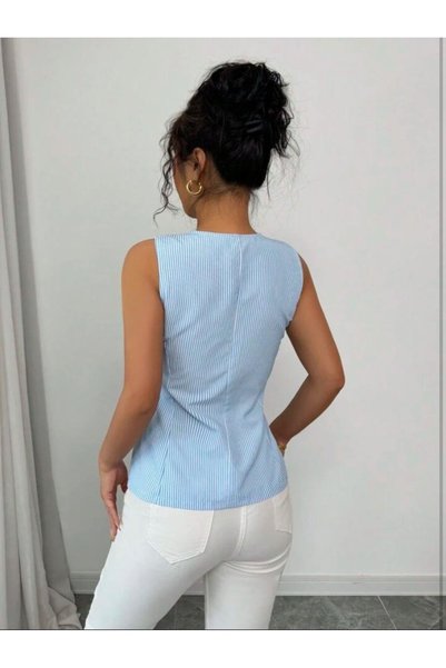 Moda Monisa Women's Blue and White Striped Sleeveless Terycotton Shirt - Stylish Model with Waist Fitting