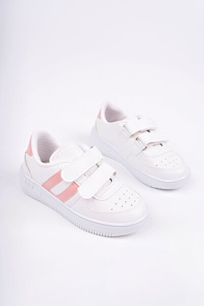 Gimeravm Beyaz Yanı Pembe Şeritli Cırtlı Çocuk Spor Ayakkabı