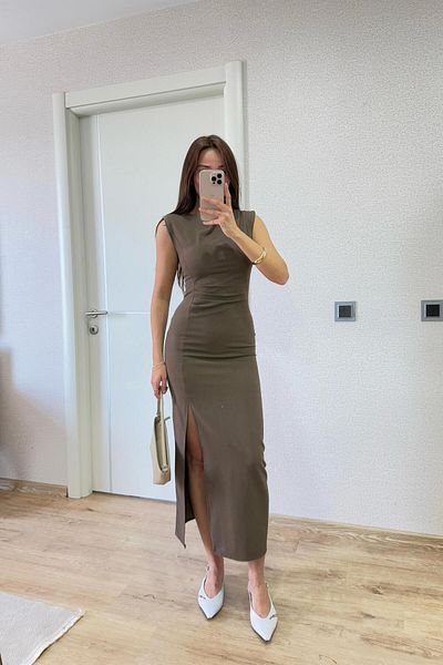 FMN Moda Pencil Skirt with Slit Fitting in the Waistline Pin-Ter Brand Equivalent Midi Length Long Design Zero Sleeve Stylish Dress