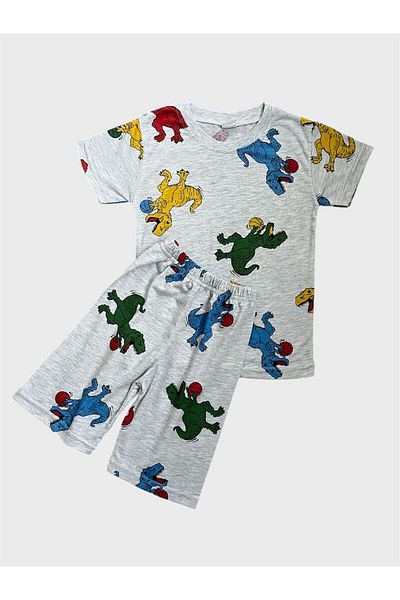 ALİŞ KİDS Boys' Cotton Gray Color Dinosaur Patterned Short Sleeve Summer Shorts Pajama Set