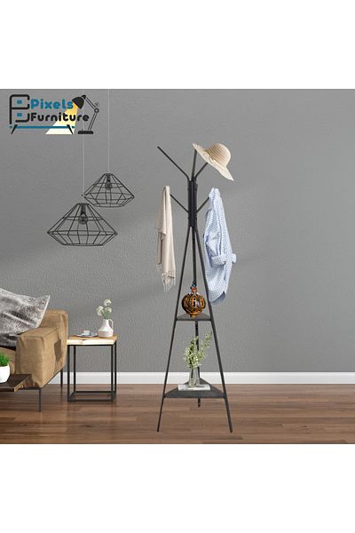 PixelsFurniture Metal Tree Clothes Hanger with 2 Wooden Shelves and 9 Hooks for Hanging Clothes and Scarves by Pixel Furniture