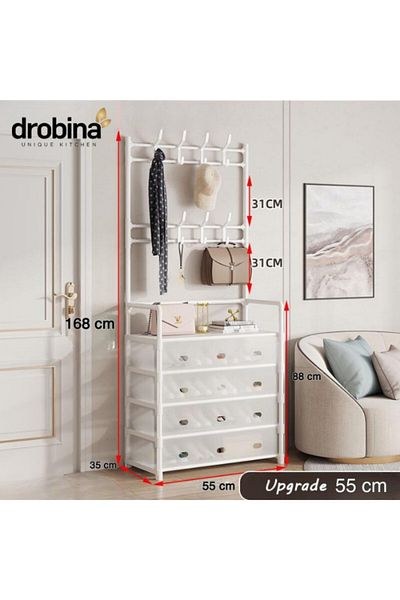 drobina رف ملابس متعدد الوظائف من دروبينا ، منظم احذية من 5 مستويات مع ارفف تخزين و8 خطافات لون ابيض 55 سم