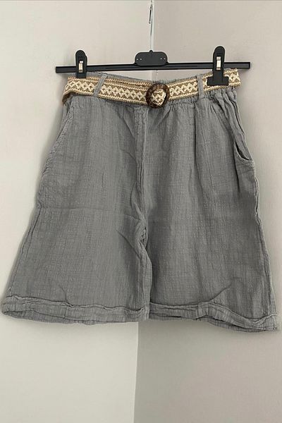 AYASOFYA OTANTIK Women's Gray Elastic Waist Belt Detailed Cotton Linen Shorts with Side Pockets
