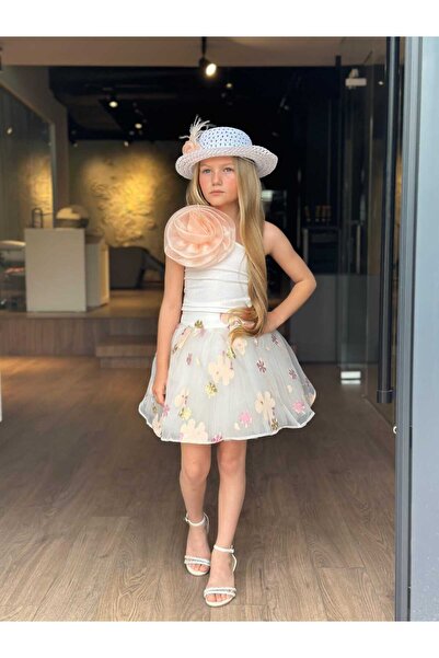 ugurbocegicocukdunyası Girl's One Shoulder Rose Brooch Jacquard Pattern Skirt Suit 3 Piece Set Hat/Blouse/Skirt