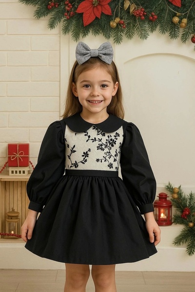 Nissa Siyah Beyaz Desenli Kız Çocuk Elbisesi