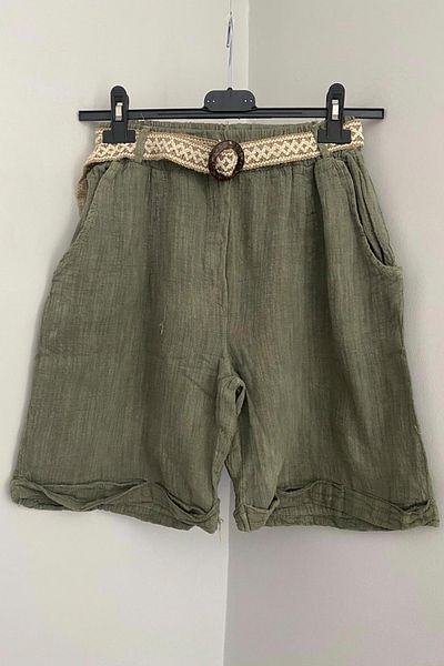 AYASOFYA OTANTIK Women's Khaki Elastic Waist Belt Detailed Cotton Linen Shorts with Side Pockets