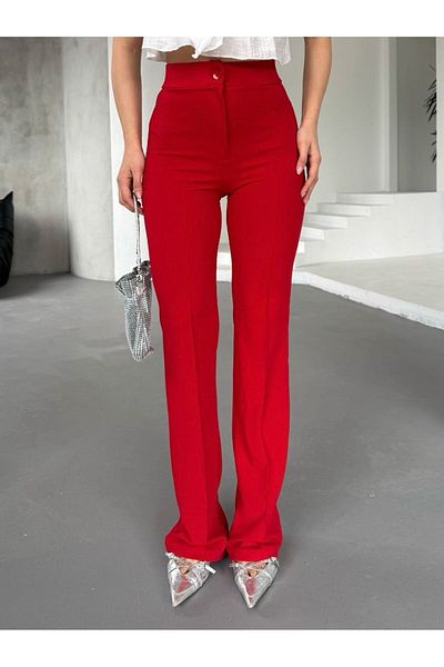 miyase life Women's Red Crepe Fabric Lycra Front Turned Flared Leg Palazzo Pants
