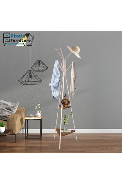 PixelsFurniture Metal Tree Clothes Hanger with 2 Wooden Shelves and 9 Hooks for Hanging Clothes and Scarves by Pixel Furniture
