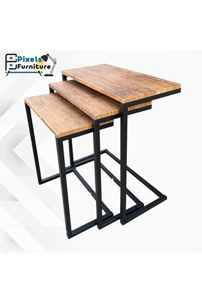 PixelsFurniture طقم طاولات جانبية متداخلة بتصميم ريفي عصري مكون من 3 قطع من بكسل الأثاث
