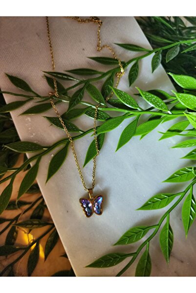 ALLEGRİA قلادة من الفولاذ على شكل فراشة من الحجر الأرجواني الوردي