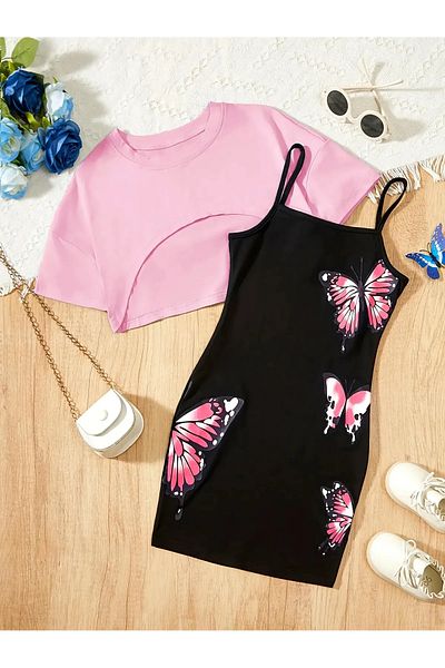 Machetta Rochie cu imprimeu fluturi și tricou crop pentru copii Combinație de 2 piese