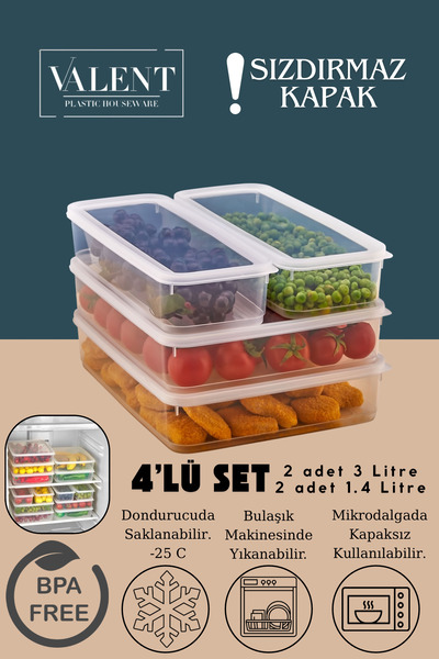 VALENT 4 Lü Set Sızdırmaz Fresh Saklama Kabı 2 adet 3000ml 2 adet 1400ml - Şe...