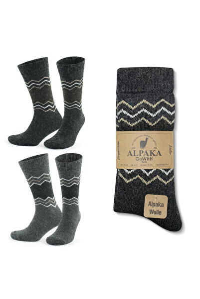Go With Unisex 2'li Alpaka Yünlü Kışlık Yıkamalı Doğal Sıcak Zikzak Desenli Esnek Termal Çorap 3099