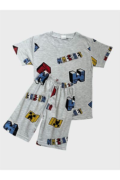 tusem butik homewear Set pijamale de vară pentru băiat, culoare gri, cu model cub, cu mâneci scurte