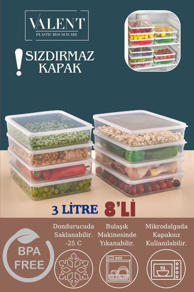 VALENT 8 Adet Vakumlu Sızdırmaz Erzak Fresh Saklama Kabı Seti 3 Litre - Şeffa...