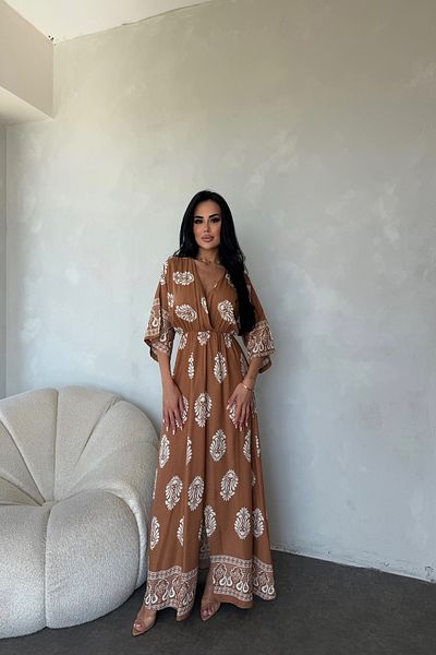 LİLA İSTANBUL Double Breasted Collar Bat Sleeve Ethnic Patterned Viscose Fabric Slit Detail Summer Dress
