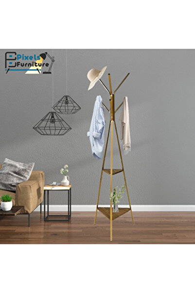 PixelsFurniture علاقة ملابس معدنية على شكل شجرة مع 2 رف خشبي مع 9 خطافات لتعل...