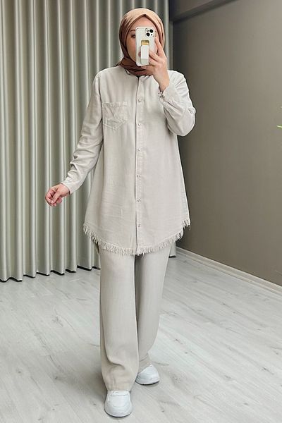 T Moda Store Premium Fabric Snap Button Detailed Shirt Trousers Double Hijab Suit