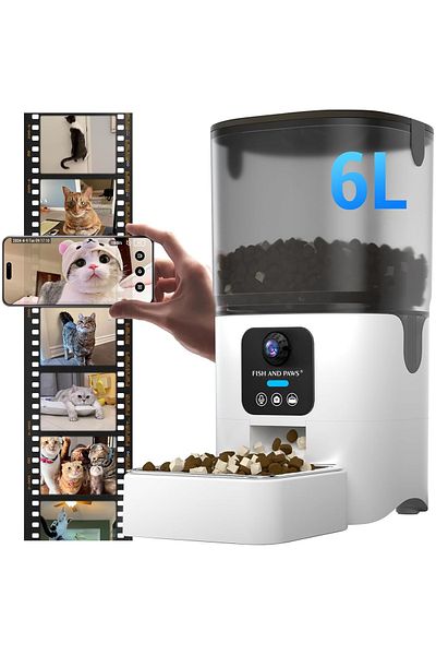 Fish & Paws Hranitor automat Smart Fish & Paws®, WiFi, 1080p, audio, 6L, bol inox, control portii, Alb