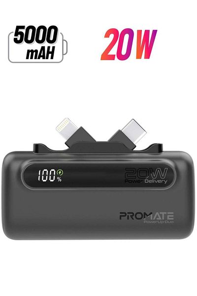 Promate PowerUp-Duo Mini Power Bank 5000mAh with Foldable USB-C and Lightning Connectors