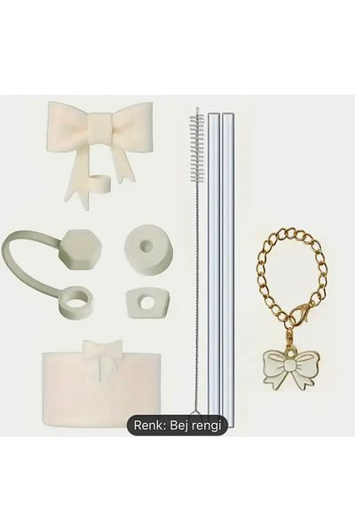 elamindunyasi 1.18 Liter Thermos Silicone Glitter Base and Bow Straw Head Accessory, Beige